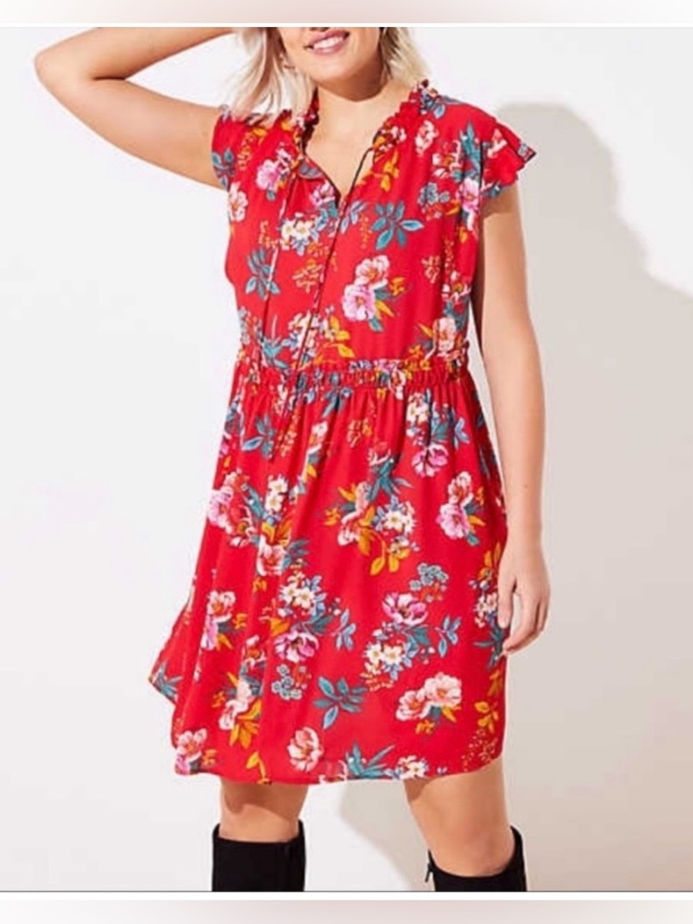 LOFT Red Floral Dress w/ Pink & Blue Blooms & Ruffle Details ✨